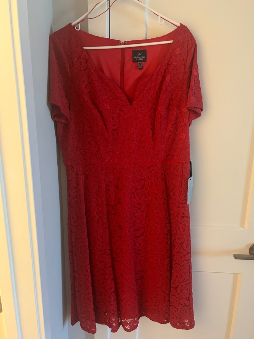Adrianna Papell Red Lace V-Neck Midi Dress